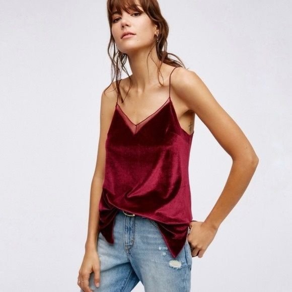 Free People Tops - Free People Donne Velvet Mesh Detail Cami Dark Red Top Size Large
